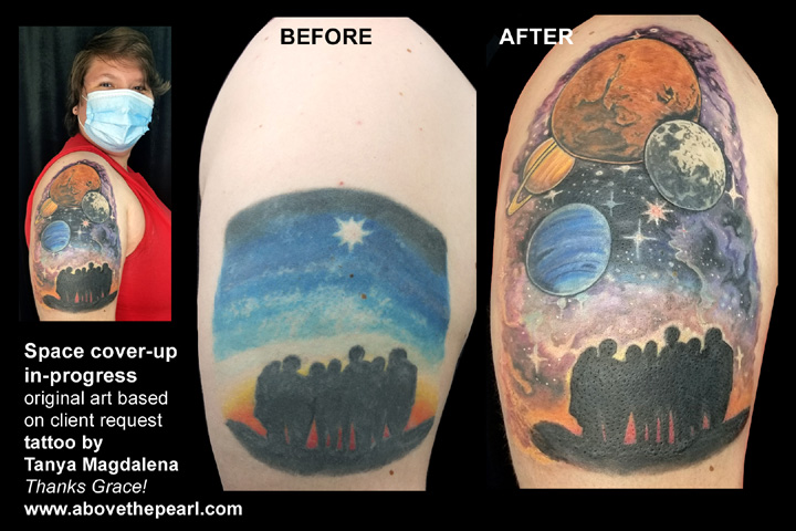space coverup tattoo by tanya magdalena