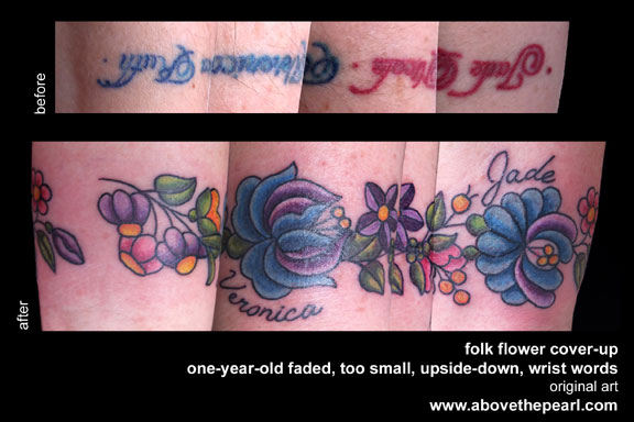 folk flower tattoo cover-up by tanya magdalena