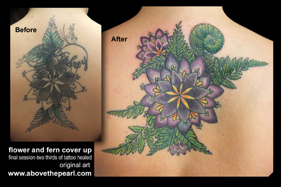 fern flower cover-up tattoo by Tanya Magdalena