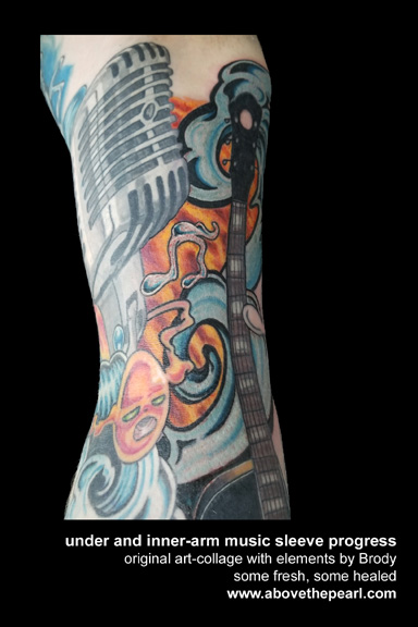 music sleeve tattoo in progress by tanya magdalena