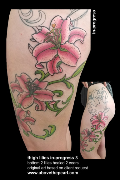thigh lilies tattoo by tanya magdalena