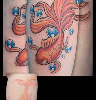 goldfish cover-up tattoo by Tanya Magdalena