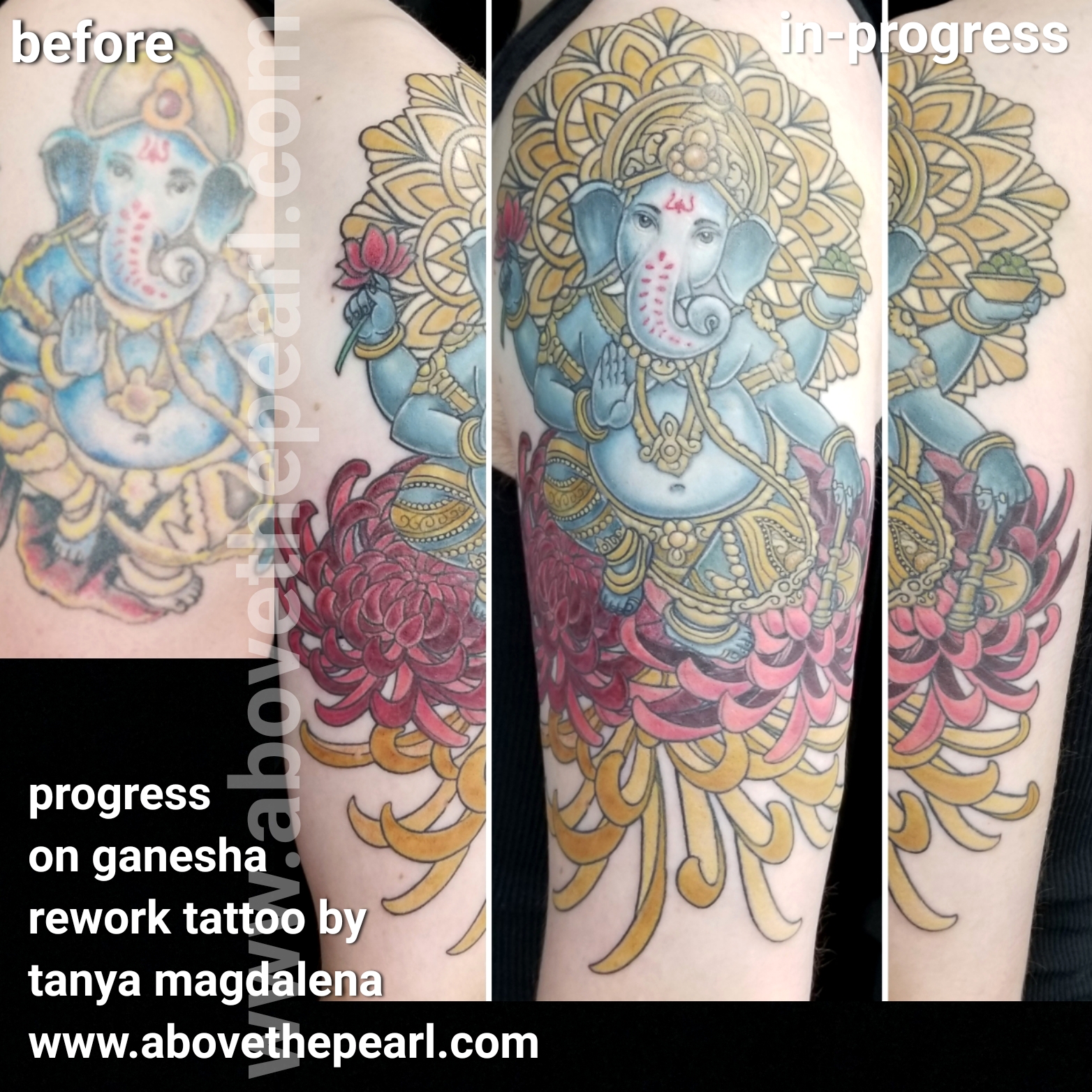 Ganesha rework and cover-up tattoo by Tanya Magdalena