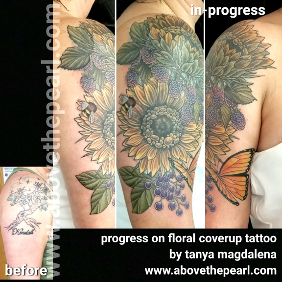 botanical cover-up tattoo by tanya magdalena