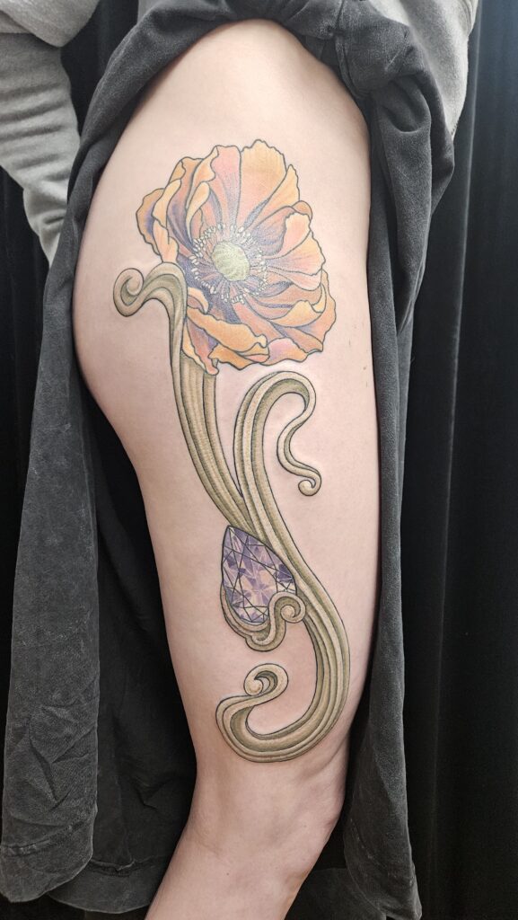 nouveau poppy and amethyst tattoo by Tanya Magdalena